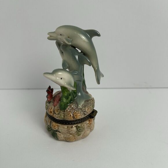 Vintage Y2K 3 Dolphins Trinket Box On Coral 4.25”x2” - Picture 2 of 4
